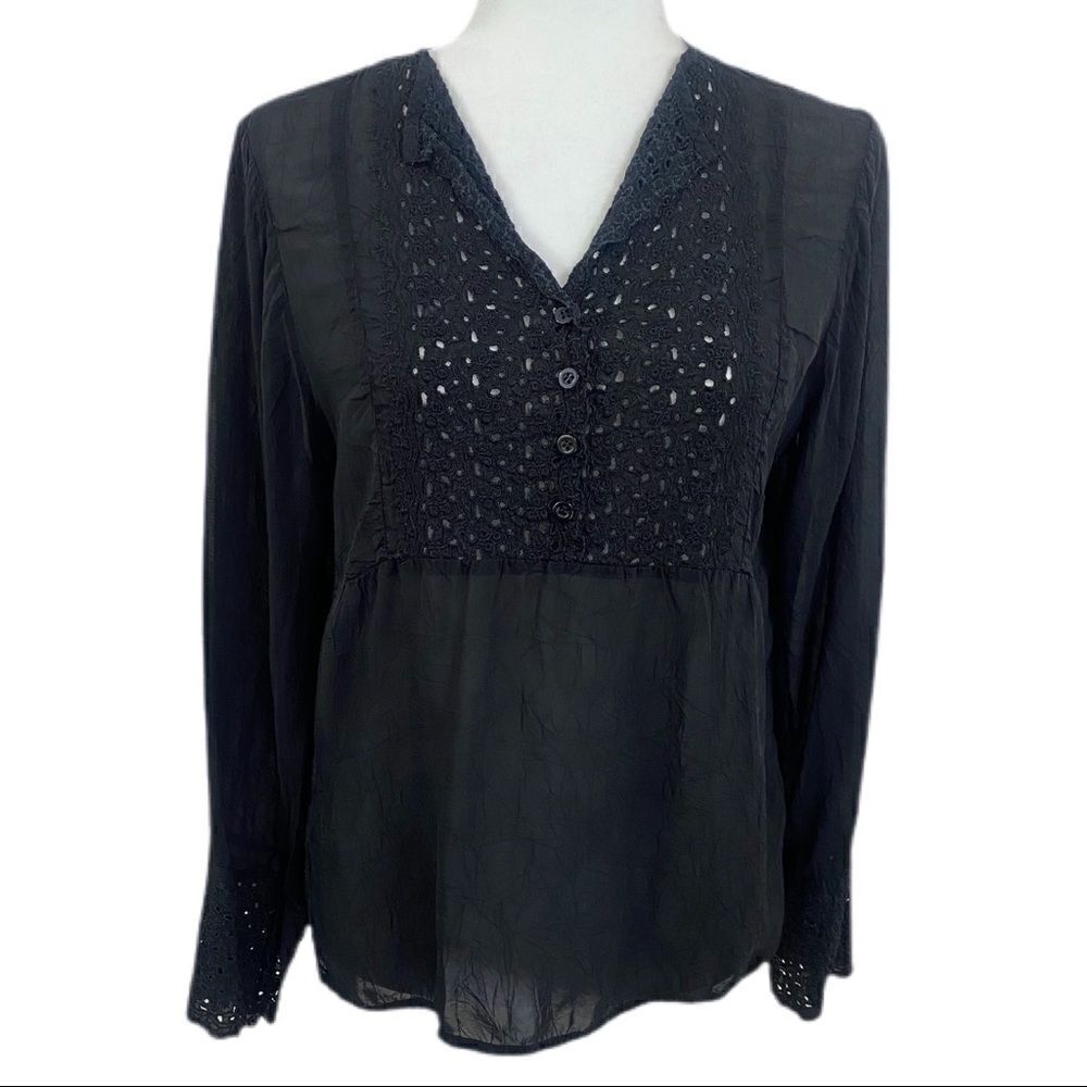 Johnny Was Sheer Black Blouse w/ Lace Details.   Size Medium. Great Condition!!